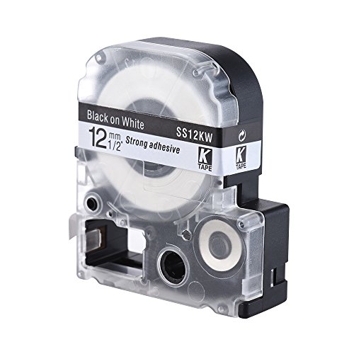 Docooler Label Tape, Black on White 12mm 8m Compatible for Kingjim Epson Label Printer LW400/LW600/SR230C/SR230CH/SR530C/SR550C