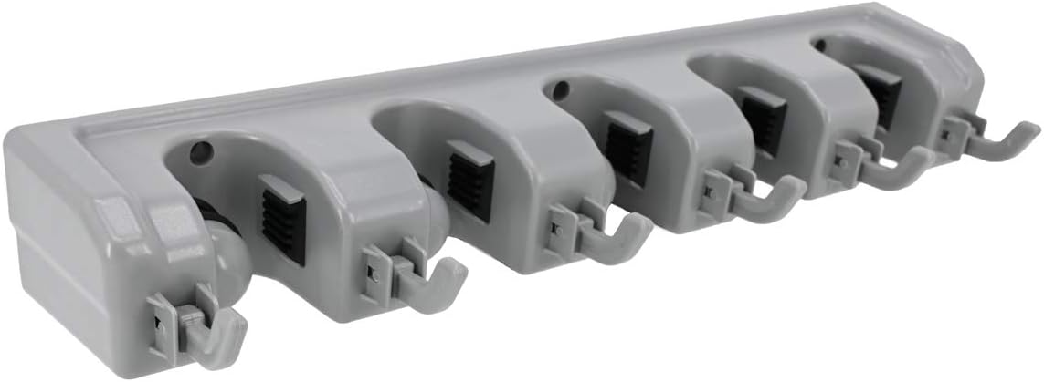 Broom Mop Rack and Garden Tool Storage Rack, ABS Material, Wardrobe Storage, Kitchen Rack, Home Finishing and Garage Storage Rack, Suitable for Rake or Mop Handle, 5 Handle Slots and 6 Hooks (Gray)