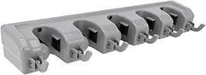 Broom Mop Rack and Garden Tool Storage Rack, ABS Material, Wardrobe Storage, Kitchen Rack, Home Finishing and Garage Storage Rack, Suitable for Rake or Mop Handle, 5 Handle Slots and 6 Hooks (Gray)