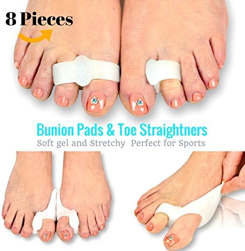 Dr Bismi 8 Piece Bunion Pad &amp; Bunion Toe Straightener Kit - 4 Pairs of Soft Gel Toe Seperators &amp; Bunion Cushions - Best Bunions Treatment For Fast Bunion Relief - Perfect To Wear With Shoes