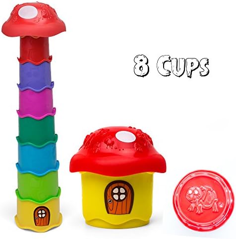 KIDSTHRILL Nesting & Stacking Cups 8 Piece Stack A Mushroom Tower Toy with Embossed Animal Characters. for Indoor, Outdoor, Bathtub, and Beach Fun Play. Multi Colors