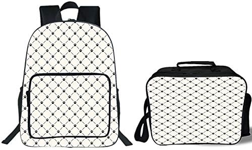 iPrint 19" School Backpack & Lunch Bag Bundle,Cat,Classical Checkered Pattern with Cat Kitty Dog Paws Footprints Geometrical Cute Design Decorative,Cream Black,for Boys Girls