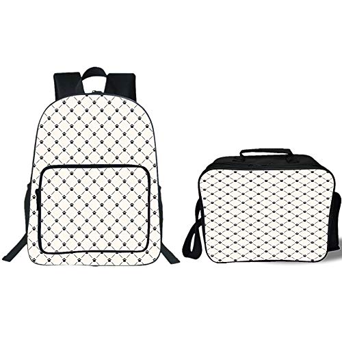 iPrint 19" School Backpack & Lunch Bag Bundle,Cat,Classical Checkered Pattern with Cat Kitty Dog Paws Footprints Geometrical Cute Design Decorative,Cream Black,for Boys Girls