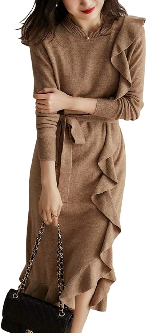 Amazon Co Jp ニットワンピース ハイウエストラウンドネックウエストベルトカジュアル 秋冬 ニットレディースワンピース風 服 ファッション小物