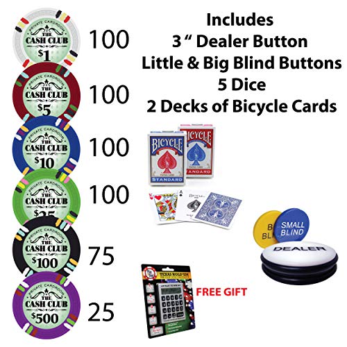 Poker-Chip-Set-500-The-Cash-Club-14-Gram-Chips-with-Aluminum-case-with-Bicycle-Cards-3-inch-Dealer-Button-Big-Blind-Small-Blind-Buttons-and-More-Low-Limit-Denominations