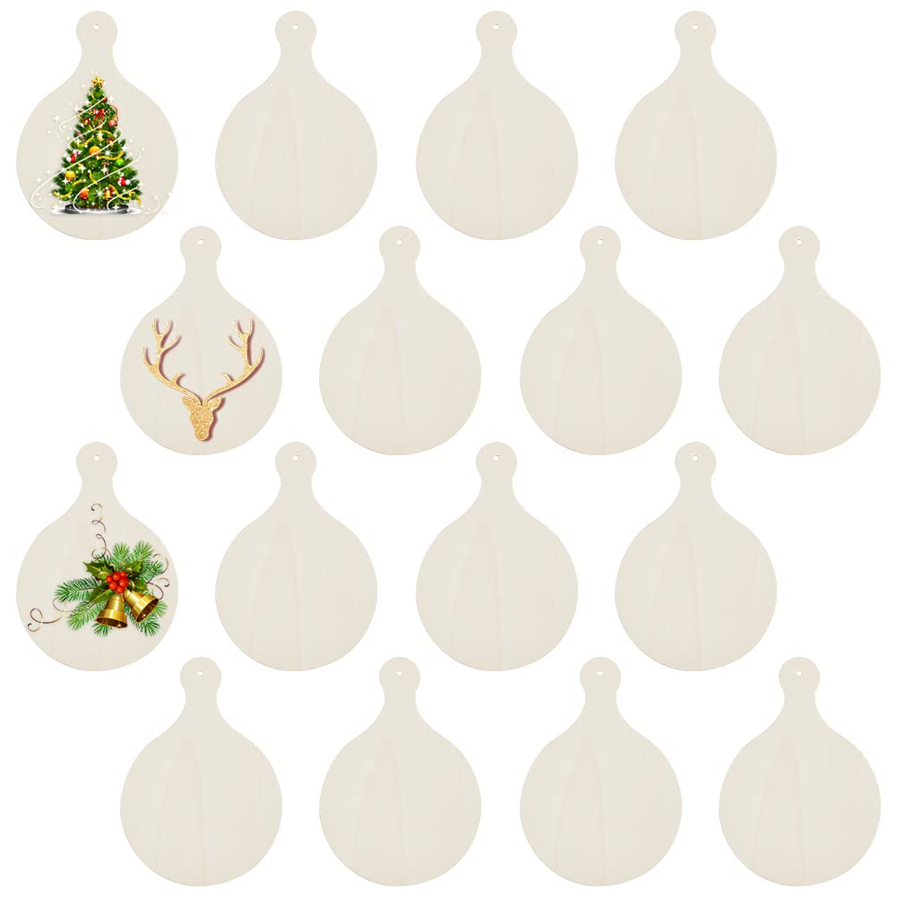 OLYCRAFT 16pcs Wood Craft Cutting Board with Handle Mini Wooden Cutting Board Round Unfinished Wood Cheese Serving Tray for DIY Christmas Decor Home Kitchen Vegetables Fruit Supply - 23x15cm