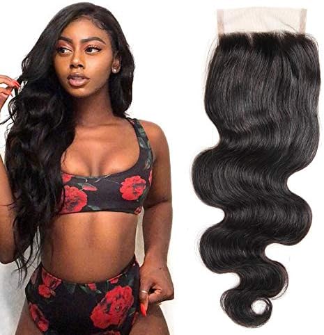 Colorful Queen Brazilian Hair Body Wave 4x4 Free Part Lace Closure with Baby Hair Natural Black Color Brazilian Virgin Human Hair Closures 130% Density No Bleached Knots (12 inch)