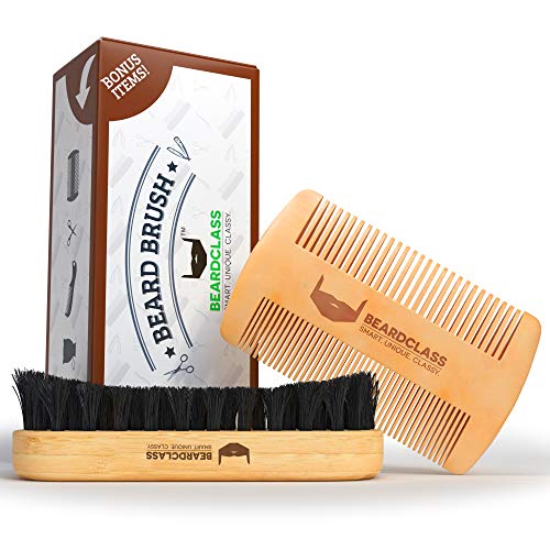 BEARDCLASS Organic Bamboo Beard Brush and Wooden Comb Kit Set - 4 in 1 Beard Grooming Kit Care Set with Dual Sided Comb & Boar Bristle Beard Brush - Mustache Comb and Scissors Include Gift Kit For Men - Thumbnail 2