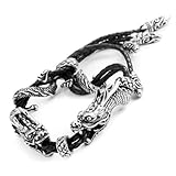 Stunning Genuine Leather Stainless Steel Double Dragon Bracelet (Adjustable, Black, Silver)