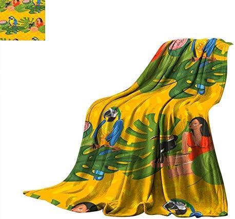Coverlet Hand Drawn Vector Abstract Cartoon Summer time Graphic Decoration Illustrations Art Seamless Pattern with Exotic Tropical Rainforest Parrot Macaw Bird and Beach Girl isoThrow Blanket 70"x60"