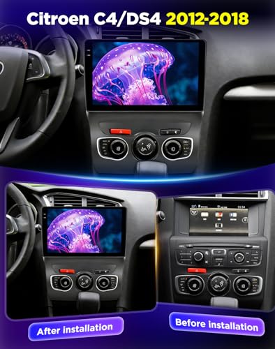 NHOPEEW 4+128G Android Car Radio for Citroen C4/DS4 2012-2018 with Wireless Carplay and Android Auto – 10 Inch Screen Supports WiFi GPS Steering Wheel Controls + Rear View Camera, Canbus