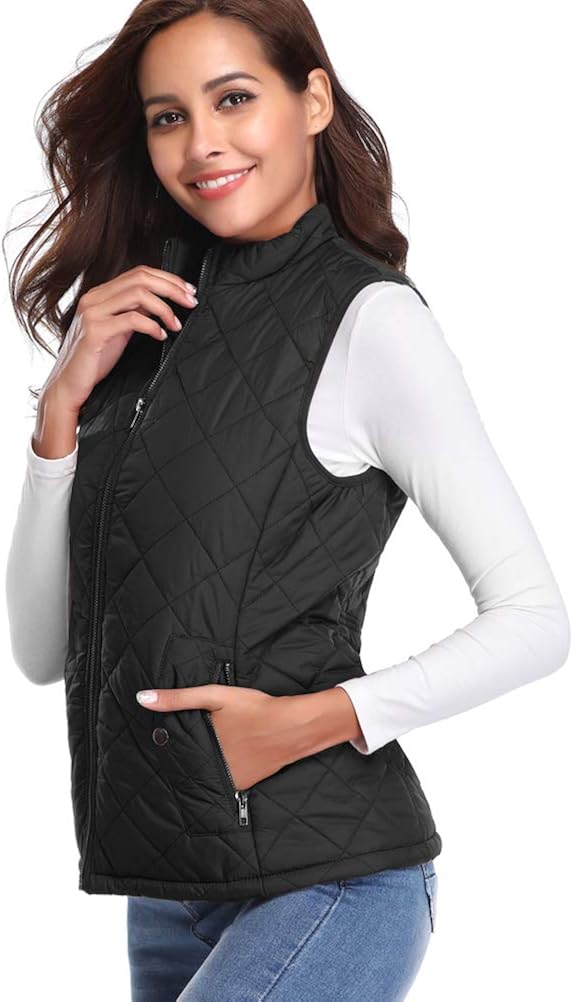 fuinloth Women's Padded Vest, Stand Collar Lightweight Zip Quilted Gilet: Clothing