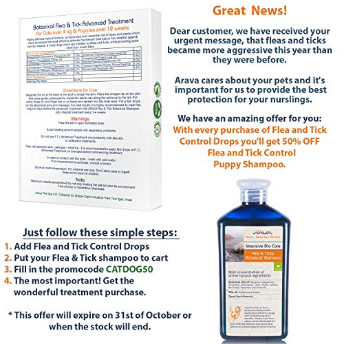 Arava Flea & Tick Prevention for Cats - 4-Doses â€“ Puppy & Cat Flea Treatment - Botanical Flea & Tick Control Drops Repel Pests with Natural Oils â€“ 100% Safe for Pets - Enhanced Defense & Prevention