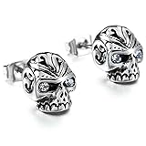 INBLUE Men's Stainless Steel Stud Earrings CZ Silver Tone White Red Skull