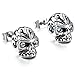 INBLUE Men's Stainless Steel Stud Earrings CZ Silver Tone White Red Skull