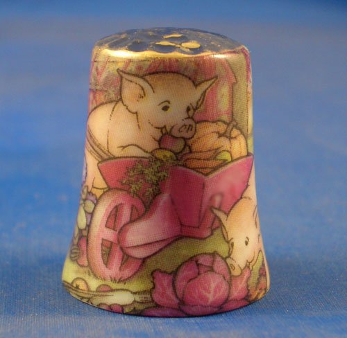 Porcelain China Collectable Thimble - Piggy in Wheelbarrow Gold Top with Free Gift Box