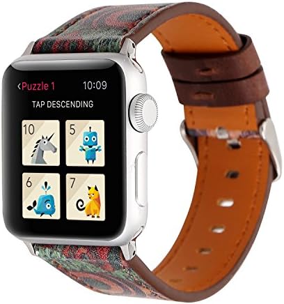 YOSWAN Bracelet for Apple Watch, National Black White Floral Printed Leather Watch Band 38mm 42mm Strap for Apple Watch Flower Design Wrist Watch Bracelet (Retro Flower Green, 42mm)