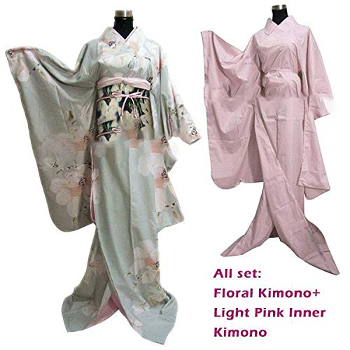 Women Japanese Light Floral Long Furisode Kimono Cosplay Costume Outfit,All Set 2,One Size