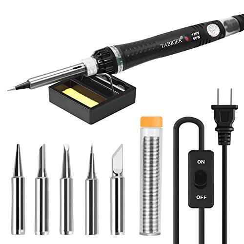 Tabiger Soldering Iron Kit Electronics with Adjustable Temperature and ON/OFF Switch , 60W/110V Welding Tool with 5PCS Soldering tips, solder wire, Soldering Iron Stand with sponge for Repair Usage