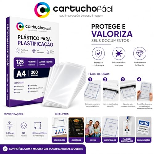 200 Folhas Plástico Para Plastificação A4 125mic 220x307mm