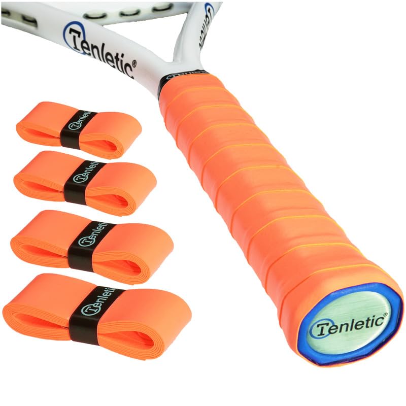 Tenletic GlowTack Racket Overgrip Tape – Vivid Orange – 4-Pack – 0.60 mm Thickness – for Tennis, Squash, Badminton, Padel and Other Racquet Sports