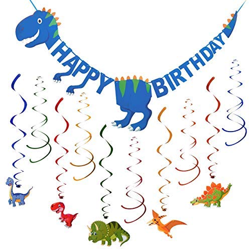 Dinosaur Happy Birthday Banner & Hanging Swirl Decorations | Pre-Assembled | Includes 30 Hanging Dinosaur Swirl Decorations | Dinosaur Party Supplies | Dinosaur Birthday Party Supplies | Dino Banner