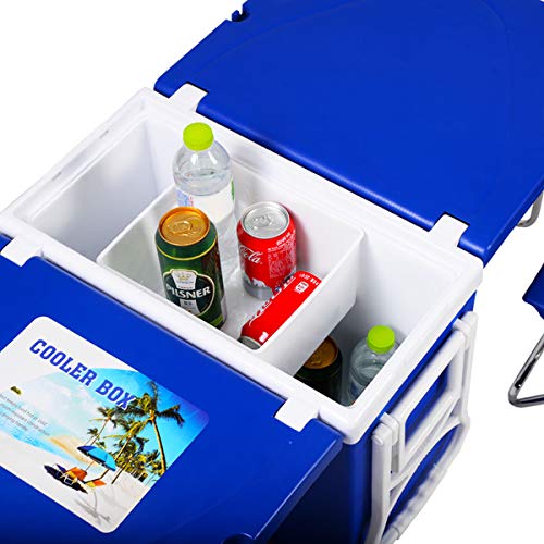 Giantex Multi Function Rolling Cooler Picnic Camping Outdoor w/ Table & 2 Chairs Blue - Thumbnail 7