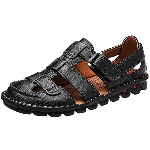 JIONS Closed Toe Leather Fisherman Sandals For Men, Men's Casual Outdoor Adjustable Strap Summer Shoes Black US 6.5/EU 38
