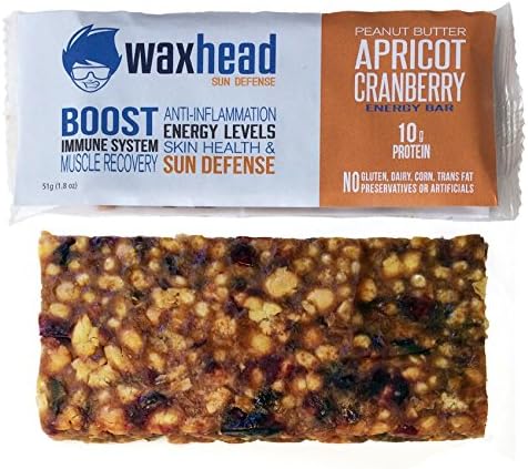 Waxhead Sun Defense Energy Bars (12 bars Peanut Butter Apricot Cranberry), 10g protein, gluten free — BOOST immune system, muscle recovery, anti-inflammation, energy level, skin health + sun defense
