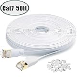 Cat7 Flat Ethernet Cable, 50 Ft 10 Gigabit High Speed Solid Computer Network Cord with Snagless Rj45 Connectors for Xbox,PS4,Modem,Router,Networking Switch Faster Than Cat5e Cat5 Cat6 Cable,White
