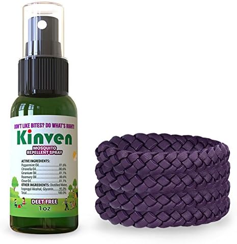 Kinven Insect Repellant Bundle - Mosquito Wristband Repellent &amp; Spray, Waterproof, Natural, DEET-free, Indoor &amp; Outdoor Protection for Adults &amp; Kids (1oz spray bottle 4 bracelets, Purple)