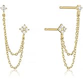 BUAEL 925 Sterling Silver Four Zircons Flower Stud Earrings For Women | Double Studs Chain Tassel Piercing Earring | Gold Plated Double Piercing Dangle Chain Earrings Jewelry Gifts for Women Girls