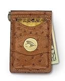 Palm West Leather Minimalist Leather Money Clip Wallet with RFID (Natural Ostrich Print Leather, Fly Fisherman Medallion)
