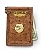 Palm West Leather Minimalist Leather Money Clip Wallet with RFID (Natural Ostrich Print Leather, Fly Fisherman Medallion)