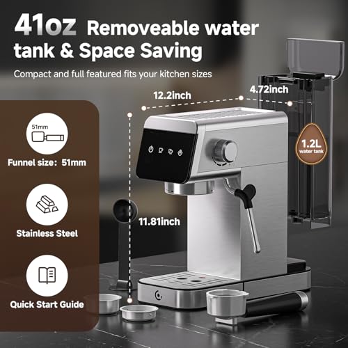 AMZCHEF Coffee Machine 20 Bar, 1350W Espresso Machine, Compact Stainless Steel Coffee Machines with LED Touch Screen, Powerful Steam Wand, Removable Water Tank