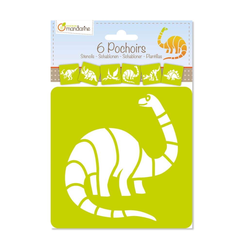 Avenue Mandarine - Ref 42449MD - Stencil Set - Dinosaur Designs - 6 Stencils Per Pack, Translucent for Easy Placement, Compatible with Felt Tips, Pencils, Paint & More