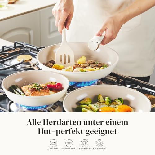 Redchef Pan Set with Removable Handle, Induction Pans, Ceramic Pan with Non-Stick Coating, 6-Piece 20, 24, 28 cm, Space-saving Ceramic Pans, PTFE, PFOA and PFAS-Free, Beige