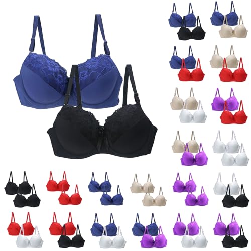 Supportive Comfort Bra 2PC Women's Bras Plus Size Push Up Underwire Wireless Seamless Multipack Bralette Sexy Padded Lace Bras High Impact Support Bra Adjustable Straps Blue and Black 38 C
