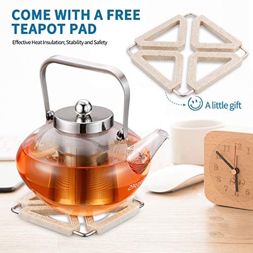 SULIVES Glass Teapot with Stainless Steel Infuser & Lid, Borosilicate Glass Flower Tea Kettle Stovetop Safe, Blooming & Loose Leaf Teapots, 34 oz / 1000 ml