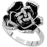 Black Enamel Rose Flower Cubic Zirconia Statement Rings for Women Girls Dainty Crystal Camellia Flowers Engagement Wedding Finger Ring Xmas Jewelry Girlfriend BFF