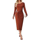 ENOPINK Women's 2025 Fall Long Sleeve Dress Sexy Bodycon Wedding Guest Cocktail Party Semi Formal Midi Dresses