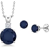 Gem Stone King 6.31 Cttw Round Blue Sapphire and White Moissanite Pendant and Earrings Jewelry Set For Women | 925 Sterling Silver | Gemstone Birthstone | With 18 Inch Chain