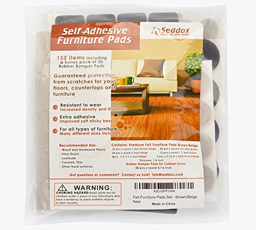 Seddox PREMIUM Felt Furniture Pads TWO COLORS SET (BROWN + BEIGE) - 152 Pieces Including BONUS Rubber Bumper Pads - Extra Adhesive Chair Leg Hardwood Floor Protectors for Wood and Laminate Flooring