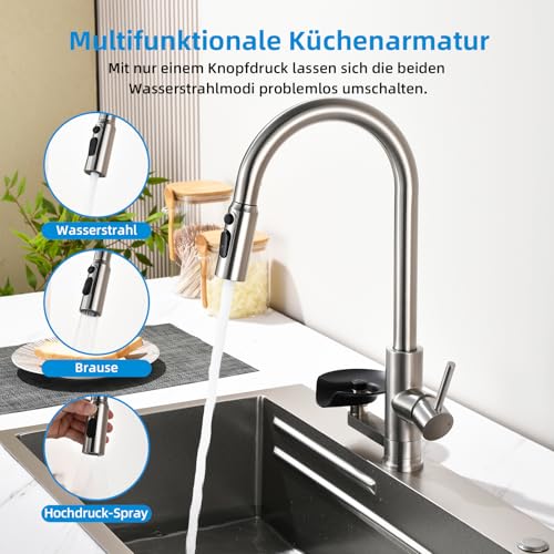 Mynaiad Kitchen Tap with Cup Washer, Pull Out Spray, Double Outlet, 360° Rotation, Kitchen Tap Tap Brushed 304 Stainless Steel