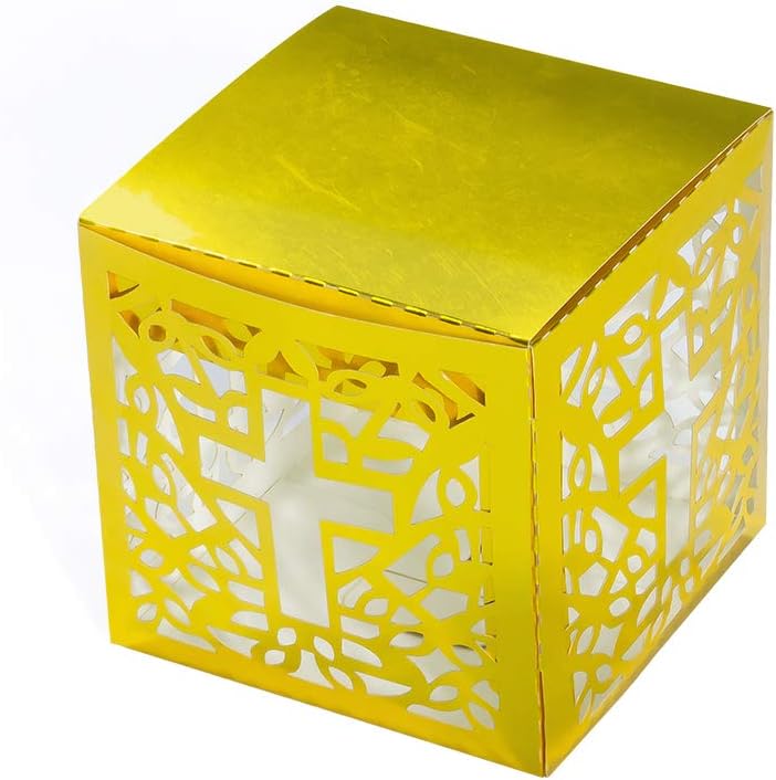 KAZIPA 50PCS Baptism Favor Boxes, 3x3x3 Laser Cut Gold Favor Boxes for Baptism Baby Shower Favors First Birthday Wedding Party Decoration