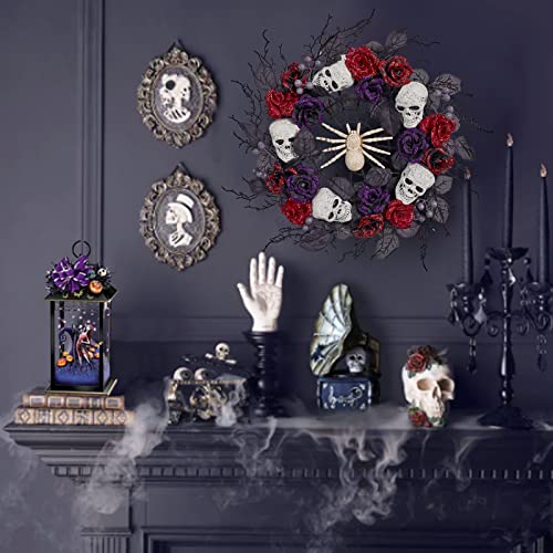 Vofuly 22inch Halloween Wreath for Front Door, Halloween Decor with Spider,Skulls and Rose for Indoor Outdoor Party Decor,Front Door Wall Wreath Ornaments Decorations,22 inch