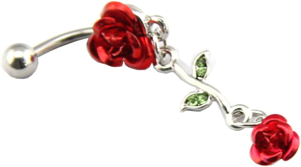 316L Surgical Steel 14G Cute True Red Roses with Leaf Dangle Navel Ring Belly Bar Button