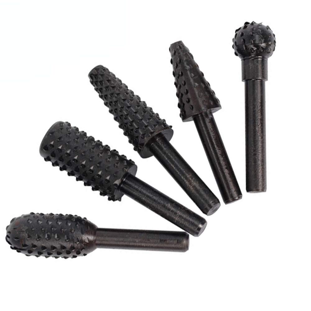 Rotary Burr Set, Wood Carving Tool File Rasp Carbide Steel Solid Twist Drill Bits for Die Grinder Drill, Polishing and Engraving, Black(5PCS)