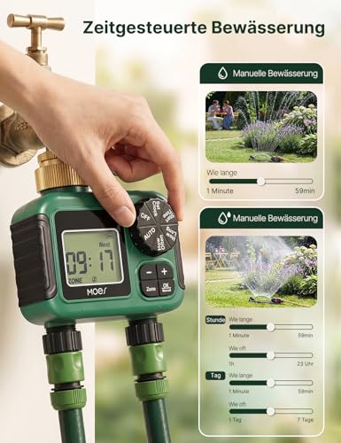 MOES Irrigation Computer, 2 Outputs with Brass Inlet, Independent Dual Zone Watering Timer for Garden & Lawn, Automatic & Manual Mode, Water Timer with Rain Delay