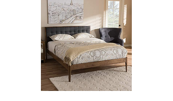 Amazon Com Baxton Studio Jupiter Mid Century Modern Grey Fabric Upholstered Button Tufted Full Size Platform Bed Mid Century Walnut Brown Gray Fabric Polyester 100 Rubber Wood Hardwood Lvl Mdf Poplar Furniture Decor
